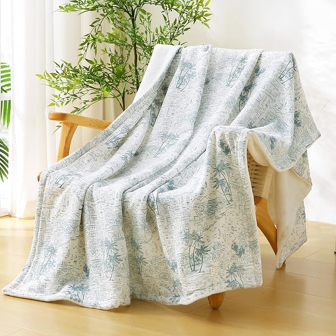 Viviland Cotton Blanket Muslin Blankets for Adult Reversible Flannel, Gifts for Women, Cozy and Soft for All Seasons, Home Decor Throw for Sofa, Chair, Coastal Toile, 50x70 inches
