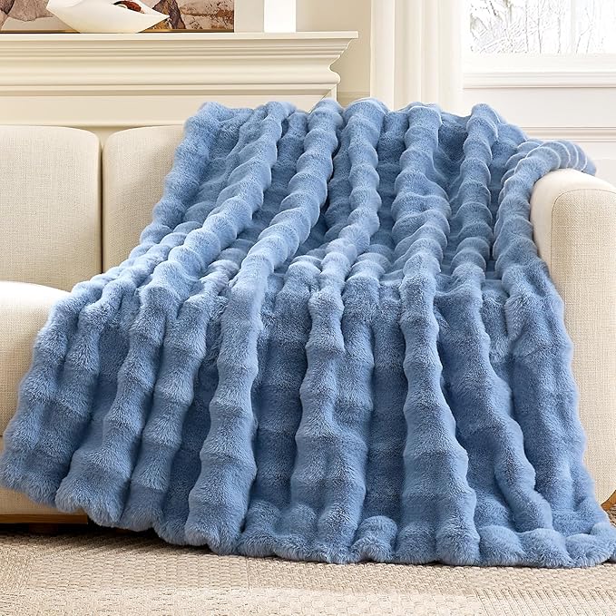 Cozy Bliss Faux Fur Bubble Throw for Couch, Fuzzy Soft Plush Thick Blanket for Sofa Bed Gift, 50x60 Inches Misty Blue