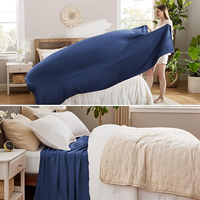 Bedsure GentleSoft 100% Cotton Blanket Queen Size for Bed - Breathable and Lightweight, Soft Cozy Textured Herringbone Woven Blanket for Summer, Navy Blue, 90x90 inches