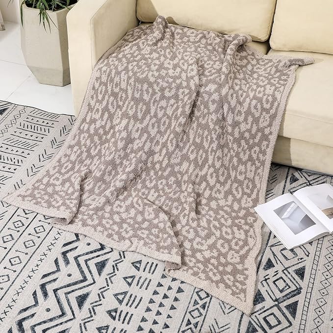 bearberry Fuzzy Leopard Knitted Throw Blanket Soft Cozy Warm Microfiber Blanket for Couch Sofa Bed Travel (Linen/Warm Gray, 51"x70")