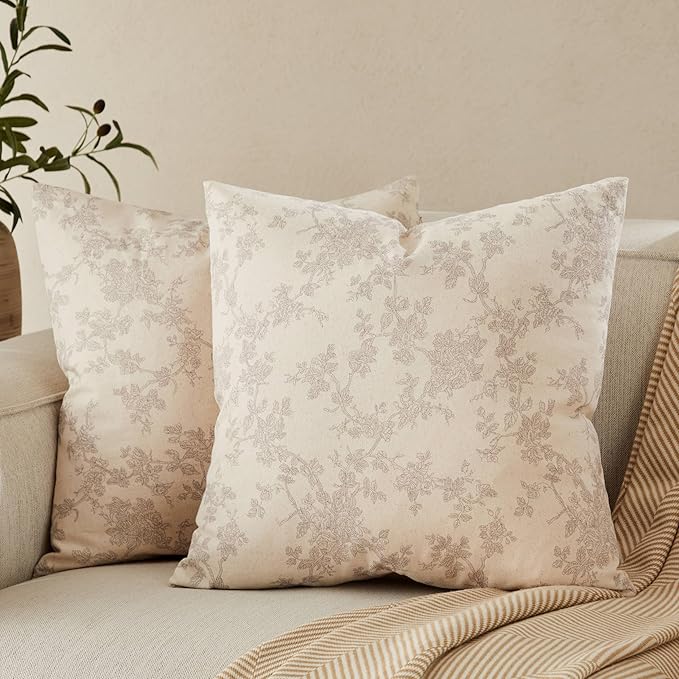 100% Cotton French Pastoral Throw Pillow Covers Set of 2, 24x24 Inch Grey Farmhouse Decorative Cushion Covers for Sofa Bed Living Room Home Decor