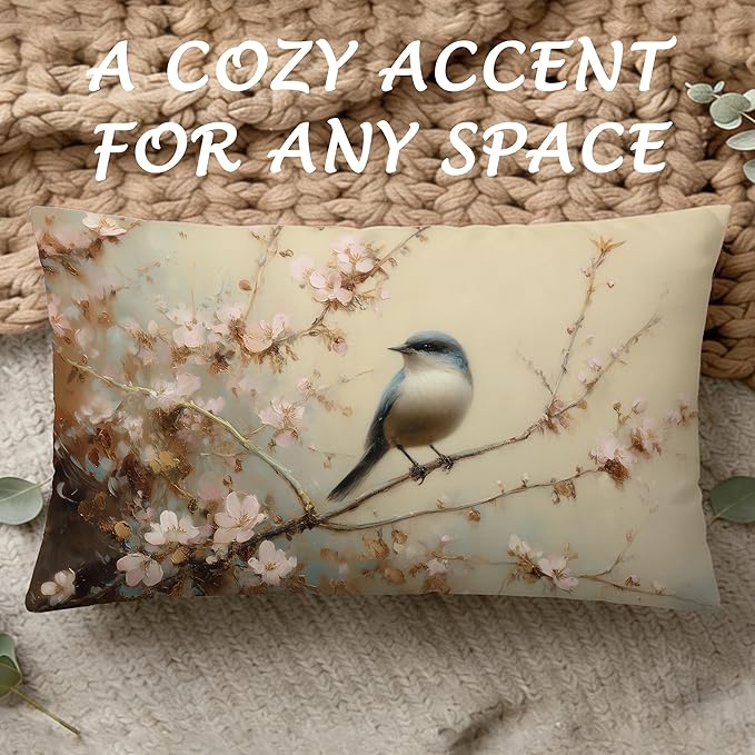 Vintage Spring Bird Lumbar Pillow Cover 12x20 Double-Sided, Nature Room Decor, Farmhouse Spring Pink Floral Bird Decorative Throw Pillow Cover for Living Room Home Bedroom
