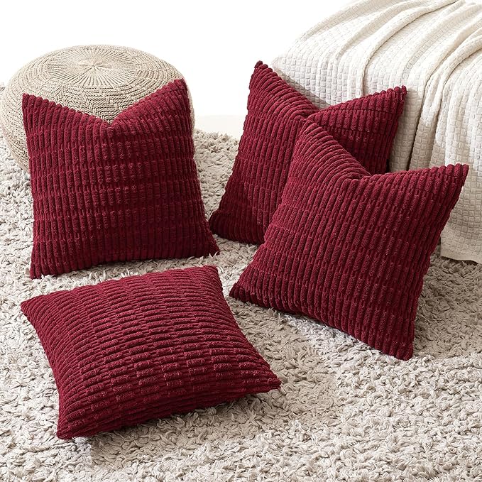 MIULEE Pack of 4 Christmas Wine Red Corduroy Decorative Throw Pillow Covers 18x18 Inch Soft Boho Striped Pillow Covers Modern Farmhouse Home Decor for Sofa Living Room Couch Bed