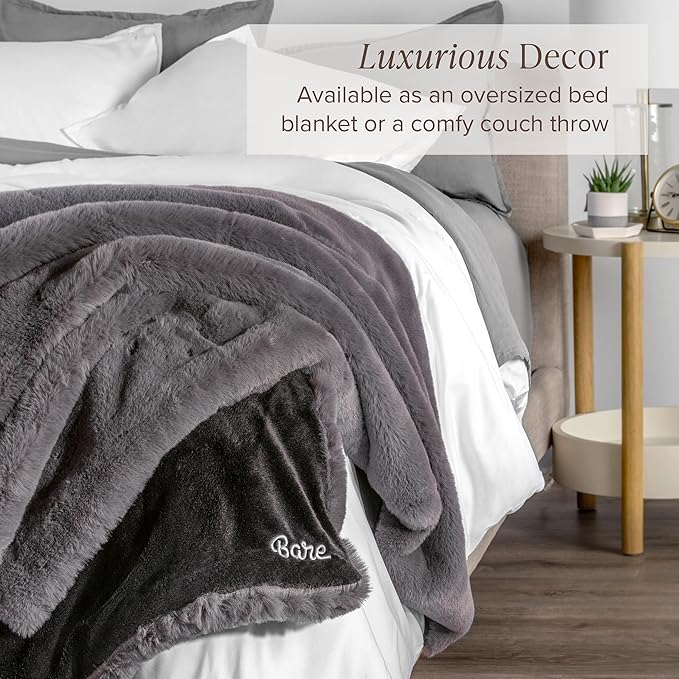 Bare Home Faux Fur Blanket - Ultra-Soft Luxurious - Cozy Warm Throw for Couch, Sofa, Chair, Bed - Fuzzy Fluffy Super Soft - Decorative Bed Blanket, 60x47 inches (Throw, Dark Grey)