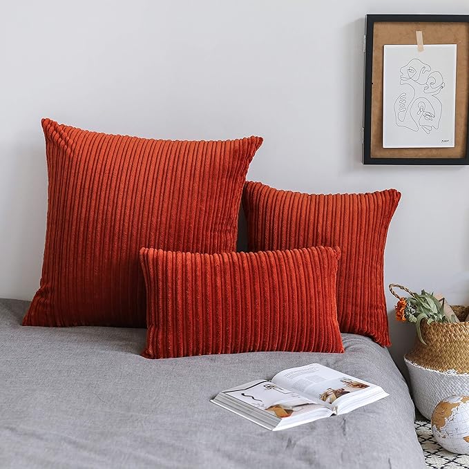 UGASA Fall 12x24 Inch Pillow Cover Pack of 1 Soft Boho Stripe Corduroy Long Rectangle Lumbar Cushion Case Farmhouse Decorative Throw Pilowcase for Bed, Couch, Sofa, Bedroom, Living Room, Burnt Brick