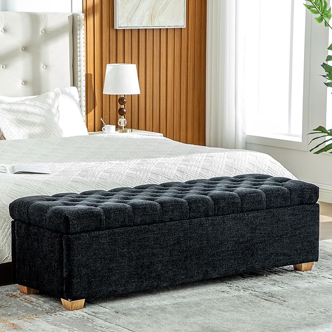 60.2" Storage Ottoman Bench for Bedroom Bed End,Chenille Bench with Seating,Button Tufted Ottomans with Storage for Living Room,Bedside,Entryway (Chenille Black, 60.2")