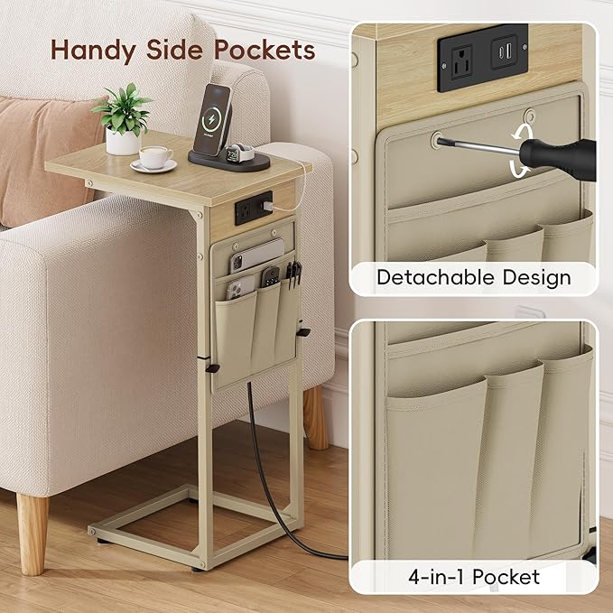 Vagusicc C Shaped End Table with Charging Station, Adjustable Height C Table End Table, Small Side Table for Couch, Couch Table Slide Under Sofa Table TV Tray Arm Table for Living Room,Bedroom,Natural