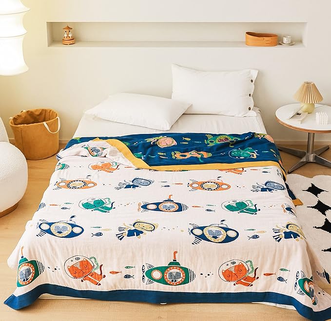Scientific Sleep Underwater Scuba Cat Kitty Diver Submarine Fish Sea 100% Cotton Muslin Blanket Throw Cover for Bed Couch Sofa Cozy Soft Reversible Bedspread Coverlet Full Queen F/Q 80 in x 90 in