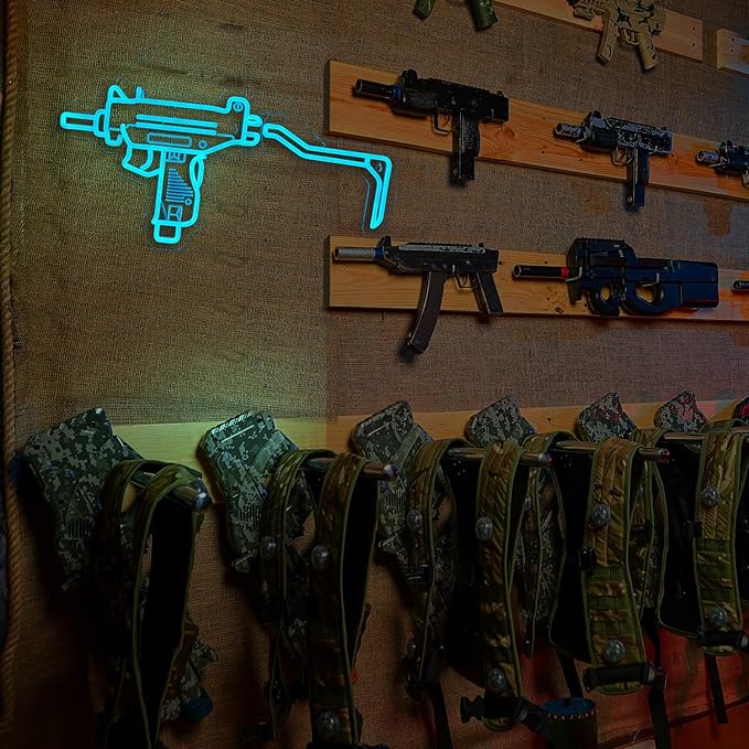 Gun Neon Sign UZI Sign for Wall Decor Large Size(23.4x11.2 Inch) Smart plug timer compatible USB Powered Man Cave Bedroom Decor