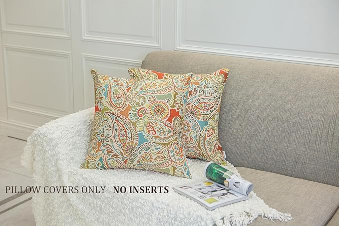 Mika Home Pack of 2 Decorative Accent Throw Pillow Cover Sham Cushion Case,Paisley Pattern,20x20 Inches,Red Teal Cream Multicolor