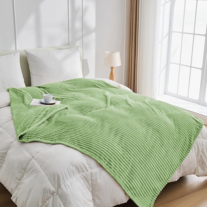 Bnuitland Fleece Throw Blanket, 300GSM Soft Warm Cozy Fluffy Throw for Babys & Pets, Stripe Pattern, All Season Sofa Bed Blanket for Home Decor, Light Green 50"x40"