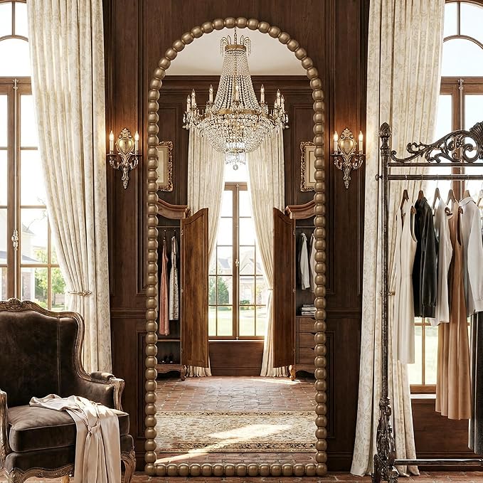 Antok 57" x 21" Arched Full Length Mirror, Antique Beaded Frame Floor Standing or Wall Mounted Mirror with Stand for Bedroom, Entryway, Bronze, Luxury Style