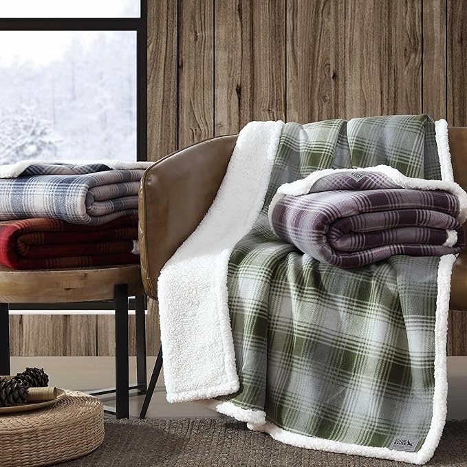 Eddie Bauer - Throw Blanket, Ultra-Soft Sherpa & Reversible Bedding for Year Round Comfort, Throw Blanket for Couch or Bed (Nordic Plaid Purple, 50" x 70")