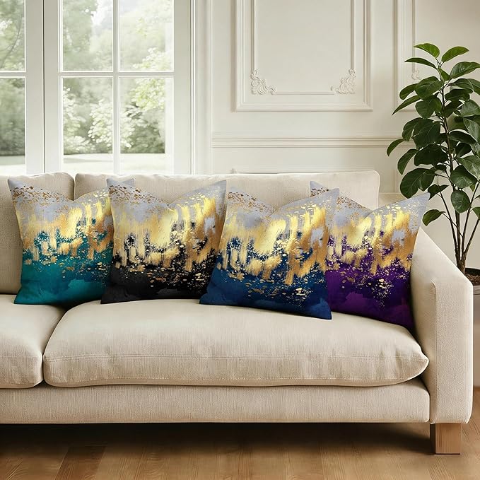 Purple and Gold Abstract Art Throw Pillow Covers, 18x18 Inch, Gold Purple Decorative Pillows for Couch Living Room Bedroom Sofa Decor, Luxury Modern Art Pillowcase Cushion Covers