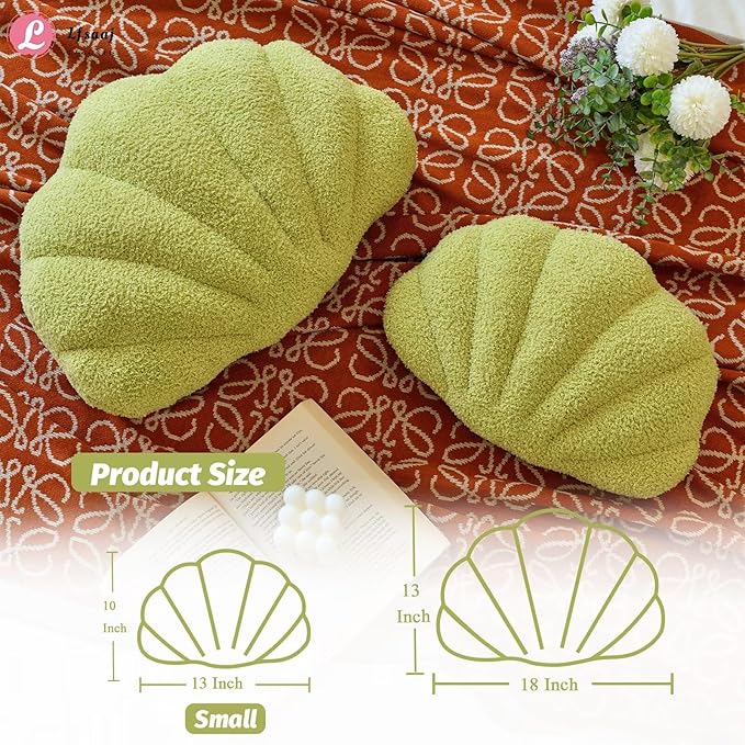 Lfsaaj Green Seashell Throw Pillows, Shell Shaped Throw Pillows, 13 Inch Soft Home Decorative Pillow Plush Cushion for Bed Couch Living Sofa Room Decor Accent Throw Pillow