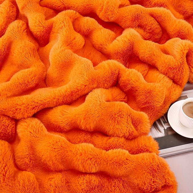 JONIYEAR Large Solid Fall Bubble Faux Rabbit Fur Bed Blanket Full Size 70" x 80", Decorative Puffy Big Warm Fuzzy Blanket for Winter,Extra Thick Shaggy Cozy Comfy Fluffy Blankets for Adult Kid, Orange