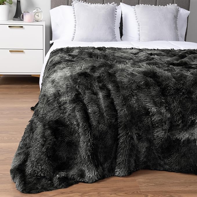 PAVILIA Black Fluffy Faux Fur Sherpa Throw Blanket, Twin Size, Tie-Dye, 60x80