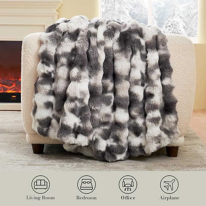 Amélie Home Faux Fur Throw Blanket, Ultra Soft Fuzzy Plush Bubble Blanket for Couch, Bed & Living Room, 60"x80", Tie-dye Grey