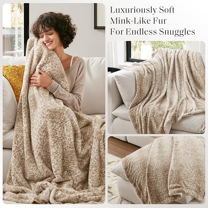 Madison Park Zuri Soft Plush Luxury Oversized Faux Fur Throw Animal Stripes Design, Faux Mink On The Reverse, Modern All Seasons Blanket for Bed, Sofa Couch, Office, Leopard, 60x70
