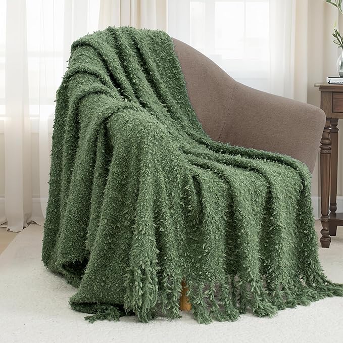 Winter Knit Throw Blanket Fluffy Fuzzy Soft Lightweight Cozy Farmhouse Tassels Chunky Knitted Throws for Couch Sofa Bed (Green, 60"x80")