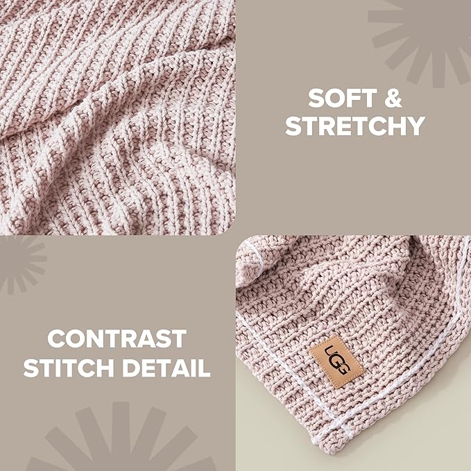 UGG Luna Knit Blanket Throw Cotton Chunky Soft Throw for Couch or Bed Cozy Warm Waffle Giftable Lightweight Blanket for Living Room Bedroom or Dorm Machine Washable, 50-inch x 70-inch, Quartz Pink