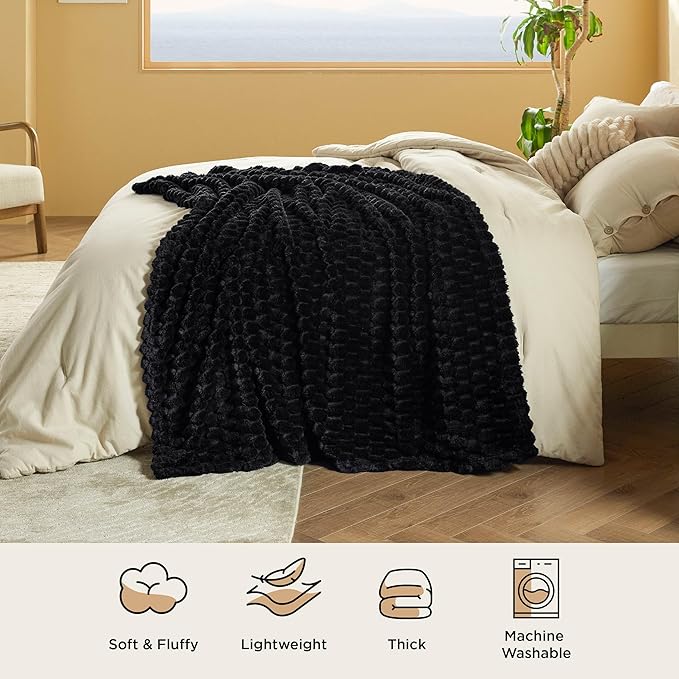 Bedsure King Size Blanket for Bed - 350GSM Fluffy Plush Bubble Blanket King for Home Room Decor, GentleSoft Cute Fleece Soft Cozy Gifts for Women Girls, Black, 108x90 Inches