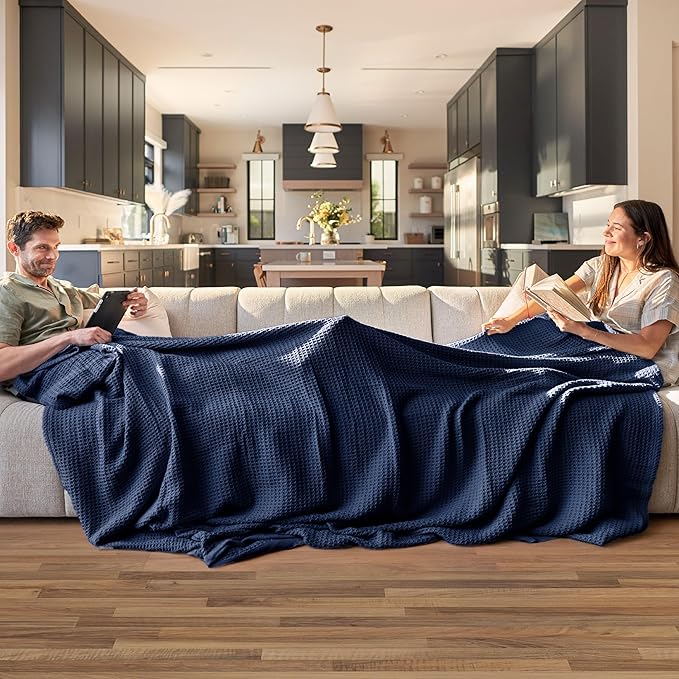 Bedsure Gentlesoft 100% Cotton Blanket Twin XL Size for College Dorm - Breathable and Soft for Spring Summer, Waffle Weave Twin Blanket for Bed, Dorm Room Essentials, Pageant Blue, 66x90 inches