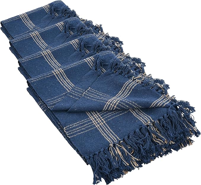 Creative Co-Op Recycled Cotton Blend Throw Blanket with Fringe, Blue Plaid (Pack of 4)