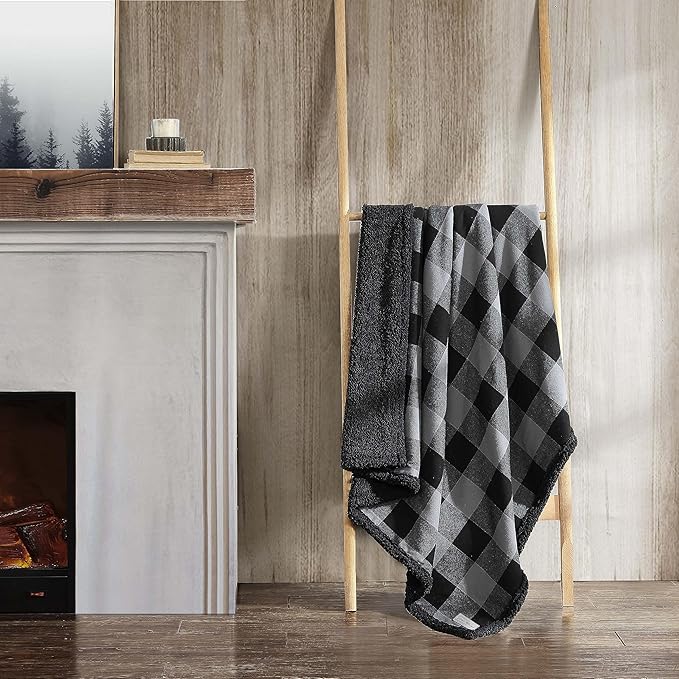Eddie Bauer - Throw Blanket, Yarn Dyed Cotton Bedding with Solid Ultra-Soft Sherpa Reverse, Throw Blanket for Couch & Bed (Cabin Plaid Grey, 50" x 60")