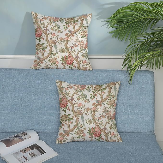 Chinoiserie Pillow Covers 24x24 Set of 2 Pink Green Bird Floral Throw Pillows Vintage Pink Flower Bird Decorative Pillow Cases Outdoor Chinoiserie Decor Farmhouse Cushion Case for Couch Sofa