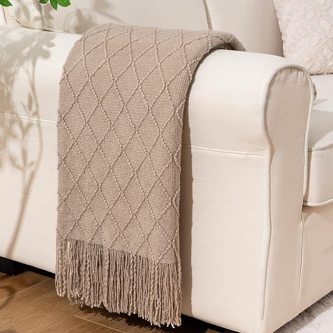 BATTILO HOME Khaki Throw Blanket for Couch, Boho Bed Tan Throws, Spring Decorative Taupe Throw for Sofa Foot of Bed, 50"x60"
