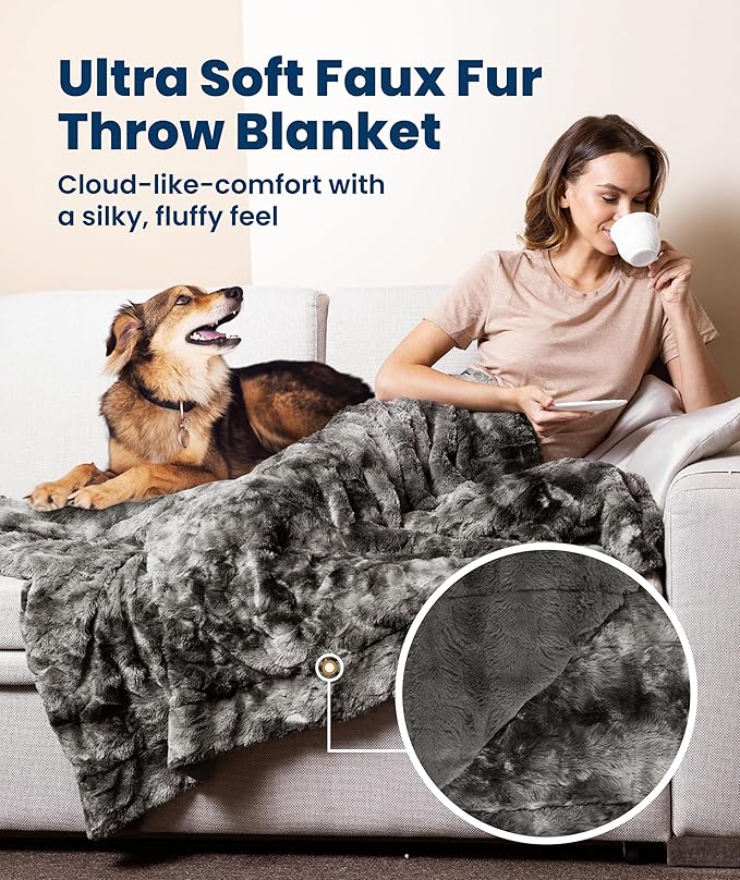 Everlasting Comfort Soft & Comfortable Gray Faux Fur Throw Blanket for Couch - (50"x65") Minky & Fluffy Fall Blankets & Throws, Plush Fuzzy Cover for Bed, Sofa & Living Room - Cozy Home Decor