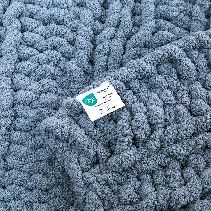 WESHIONGOO Chunky Knit Blanket Throw 40"×60" Knitted Throw Blankets for Couch Bed Fluffy Soft Blanket with Jumbo Chenille Yarn Thick 100% Handmade(Dusty Blue,Medium Size Throw)