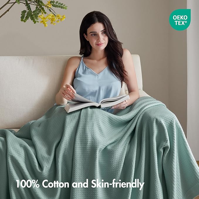 Madison Park 100% Egyptian Cotton Lightweight Summer Blanket, Breathable Waffle Knit Design, Soft Cozy All-Season Throw for Bed, Couch or Sofa, Teal Twin Size (66"x90")