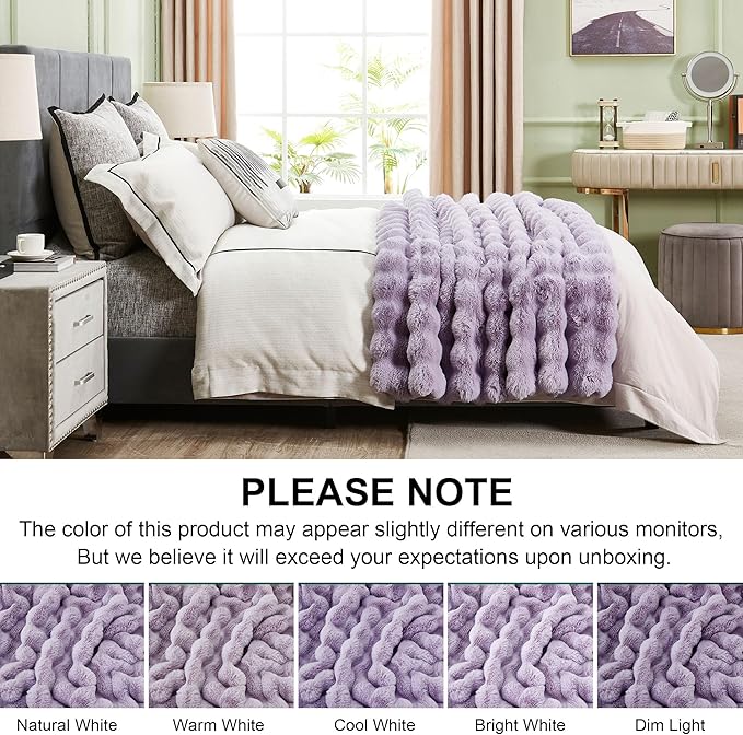 DREAMNINE Large Soft Thick Fuzzy Bubble Faux Rabbit Fur Blanket Queen Size 80" x 90", Double Side Comfy Plush Warm Shaggy Fluffy Blankets, Luxury Big Cozy Textured Furry Blanket for Bed, Lilac Purple