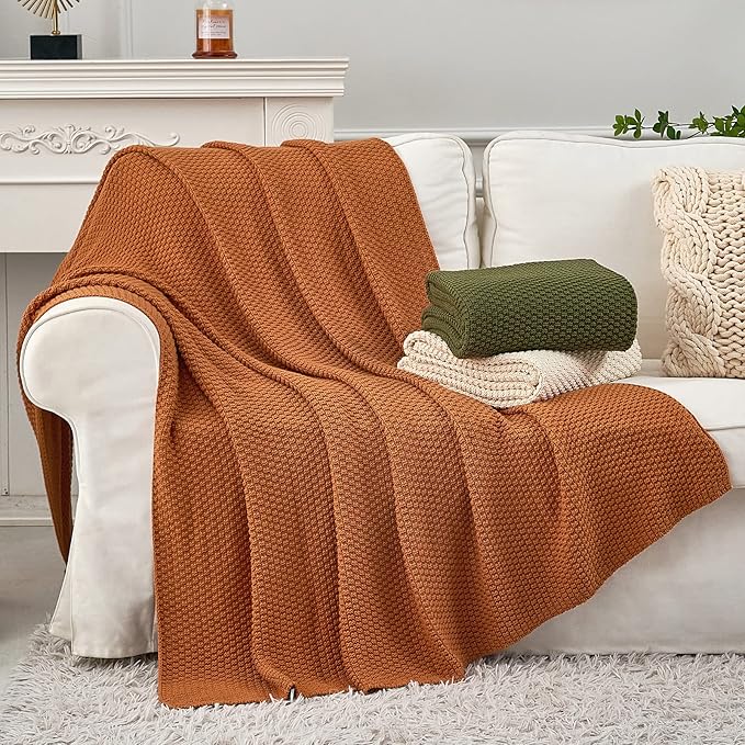 Longhui bedding Burnt Orange Knitted Throw Blanket for Couch, Soft, Cozy Machine Washable 100% Cotton Sofa Knit Blankets, Heavy 3.0lb Weight, 51 x 63 Inches, Laundry Bag Included