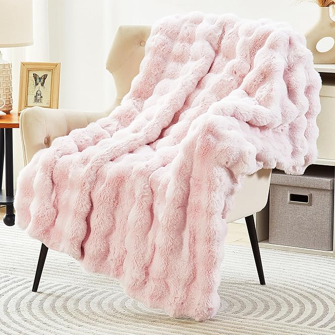 DREAMNINE Large Soft Thick Fuzzy Bubble Faux Rabbit Fur Bed Blanket Full Size 70" x 80",Lovely Big Warm Shaggy Fluffy Blankets for Winter,Solid Luxury Cozy Cute Bumpy Furry Blanket for Bed Adult,Pink
