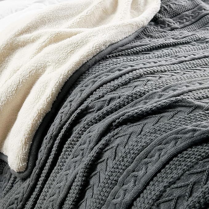 Longhui bedding Acrylic Cable Knit Sherpa Throw Blanket - Thick, Soft, Big, Cozy Grey Knitted Fleece Blankets for Couch, Sofa, Bed - 60 x 80 Inches Gray Coverlet, 5.2 Pounds