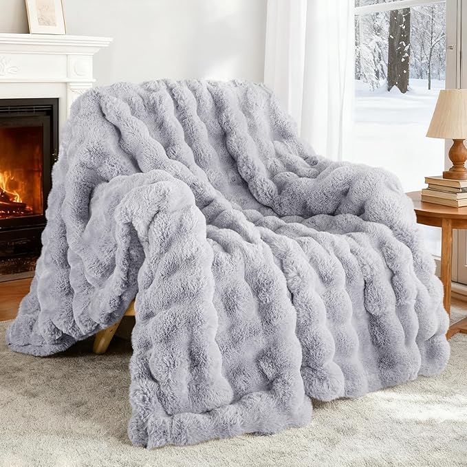 Exclusivo Mezcla Faux Fur Twin Size Blanket for Bed, Luxury Reversible 3D Rabbit Bubble Fuzzy Thick Sherpa Blankets for Winter, Plush Fleece Warm Cozy Bed Throw, 60x80 Inches, Light Grey