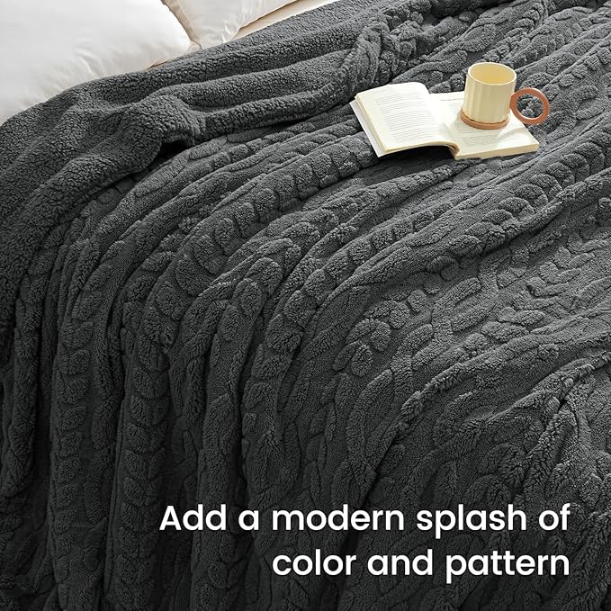 PHF Fluffy Sherpa Blanket King Size for Winter, Warm and Soft, 510GSM 3D Jacquard Thick Shaggy Fleece Plush Blanket for Sofa Bed, Dark Grey, 108"x90"