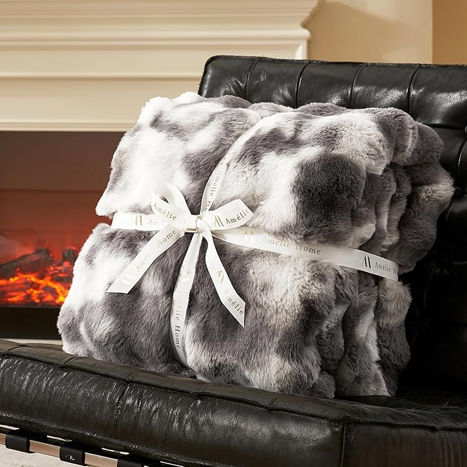 Amélie Home Faux Fur Throw Blanket for Couch, Ultra Soft Fuzzy Plush Bubble Throw for Sofa, Living Room & Home Decor, 50"x60", Tie-dye Grey
