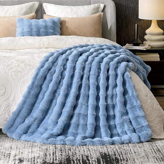 Cozy Bliss Faux Fur Bubble Throw for Couch, Fuzzy Soft Plush Thick Blanket for Sofa Bed Gift, 50x60 Inches Misty Blue