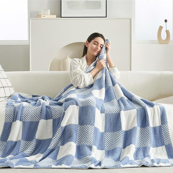 Snuggle Sac Checkered Blanket, Blue Throw Blanket for Couch Plaid Microfiber Fluffy Warm Fuzzy Cozy Soft Throw Blanket Reversible Checkerered Blankets for Sofa, Chair, Bed, 50x60 inches