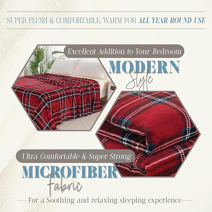 Elegant Comfort Luxury Velvety Feel Blanket, All-Season Lightweight Blanket, Ultra Plush, Soft, Cozy-Fuzzy Flannel Fleece for Couch, Sofa, Bed, Travel, Plaid Design, King/California King, Burgundy