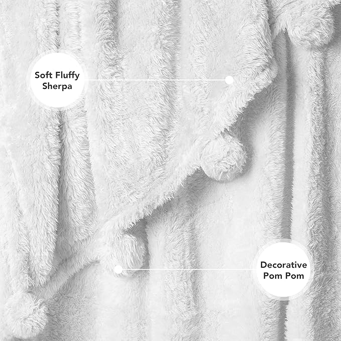 Pavilia White Sherpa Throw Blanket - Warm Plush Pom Pom Blanket for Couch & Bed, Cozy Fuzzy Throw (Twin, 60x80)