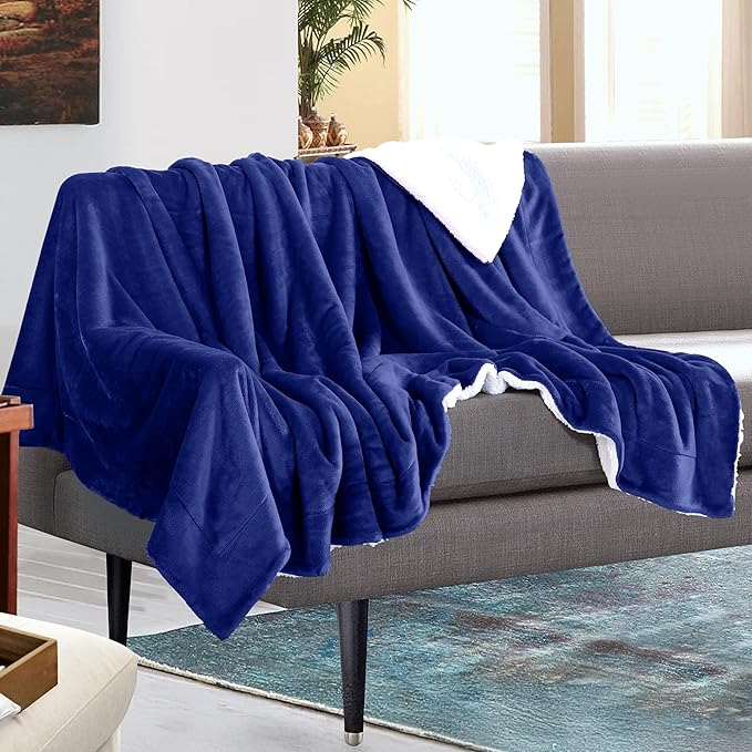 Mocassi Premium Ultra-Soft Velvet Touch Flannel Fleece Sherpa Throw - Warm Cozy Reversible Plush Micromink Throw Blanket for Couch, Bed and Sofa - Fluffy, Christmas Winter Bedding Gift, Royal Blue