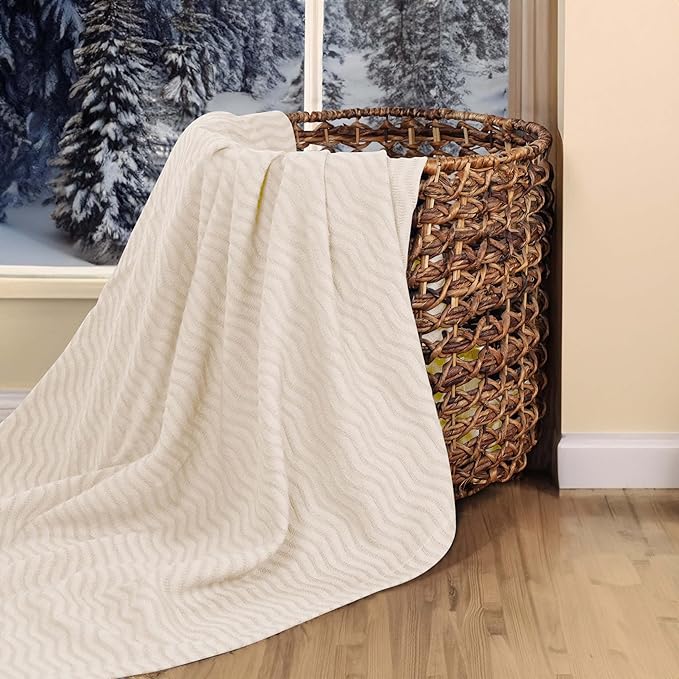 Superior JENA Cotton Blanket, for Picnic, Beach, Traveling or Camping, Bedroom Decor, Essentials, Cover for Bed, Couch, Lounging, Textured Jacquard, Modern Chevron Woven Blanket, Full/Queen, Ivory