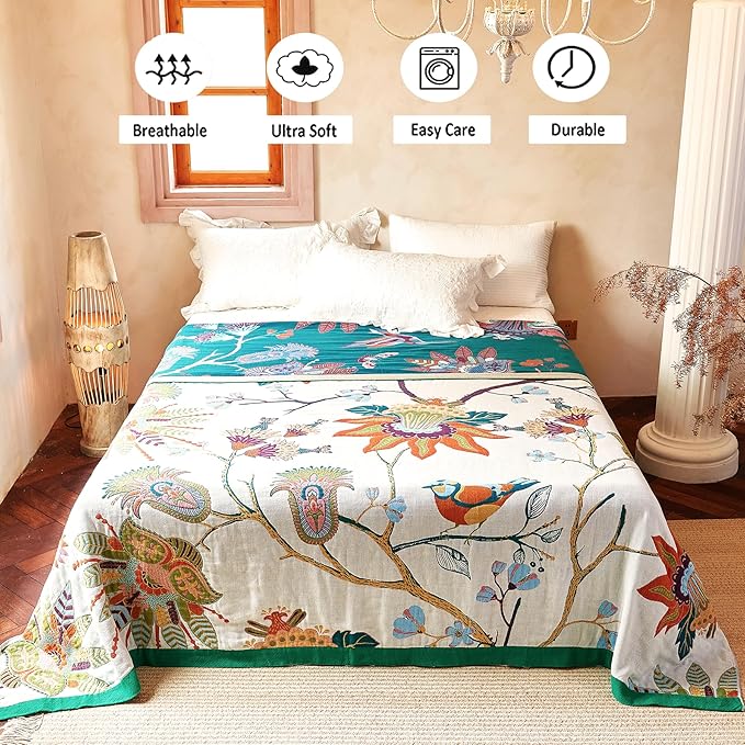 Boho Throw Blanket, 100% Organic Cotton Breathable Skin-Friendly Ultra Soft Bed Quilt Throw - All Season Floral Bird Farmhouse Décor Luxury Blanket for Sofa Couch Chair and Gift. 91" x 98"