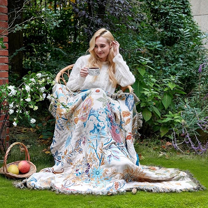 Boho Throw Blanket for Bed Cotton Spring Blankets Twin Size for Bedroom Living Room All Season Lightweight Floral Embroidery Decorative Breathable Quilt for Couch Sofa Chair 60"x80"
