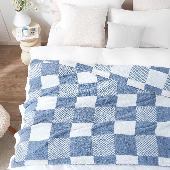 Snuggle Sac Checkered Blanket, Blue Throw Blanket for Couch Checker Microfiber Fluffy Warm Fuzzy Cozy Soft Throw Blanket Reversible Checkerered Blankets for Sofa, Chair, Bed, 60x80 inches